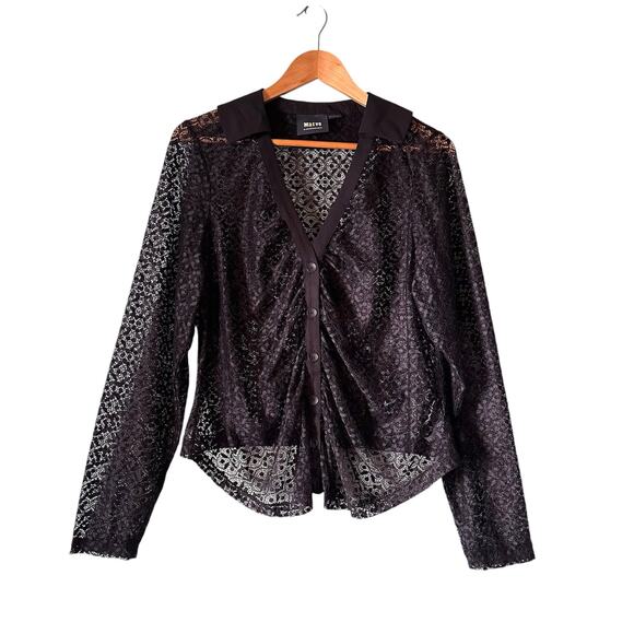 Maeve by Anthropologie Sheer Lace Collared Buttondown 1X Plus Sexy Goth Witchy - Picture 1 of 6